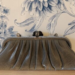 Grey Clutch with Bejeweled Clasp and Decorative Strap